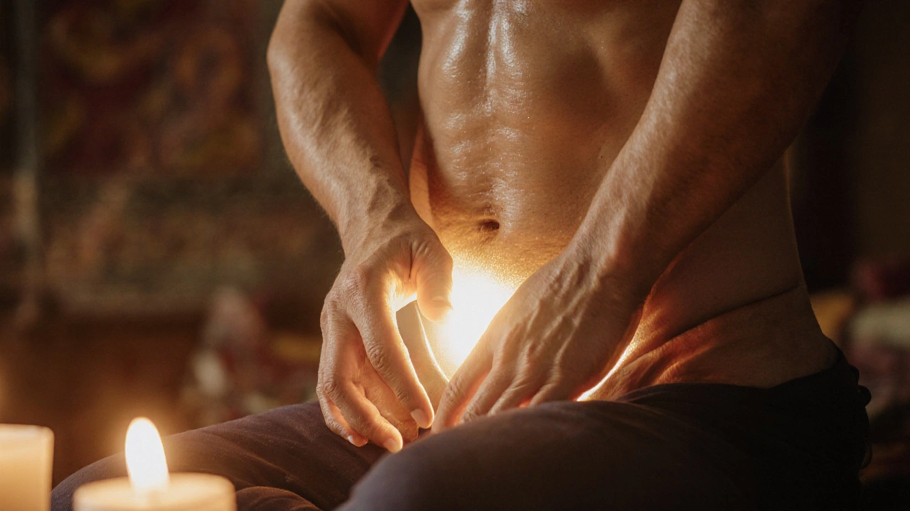 Ruce provádějí Mula Bandha s jemnou kontrolou, zlatá energie se šíří z pánve.