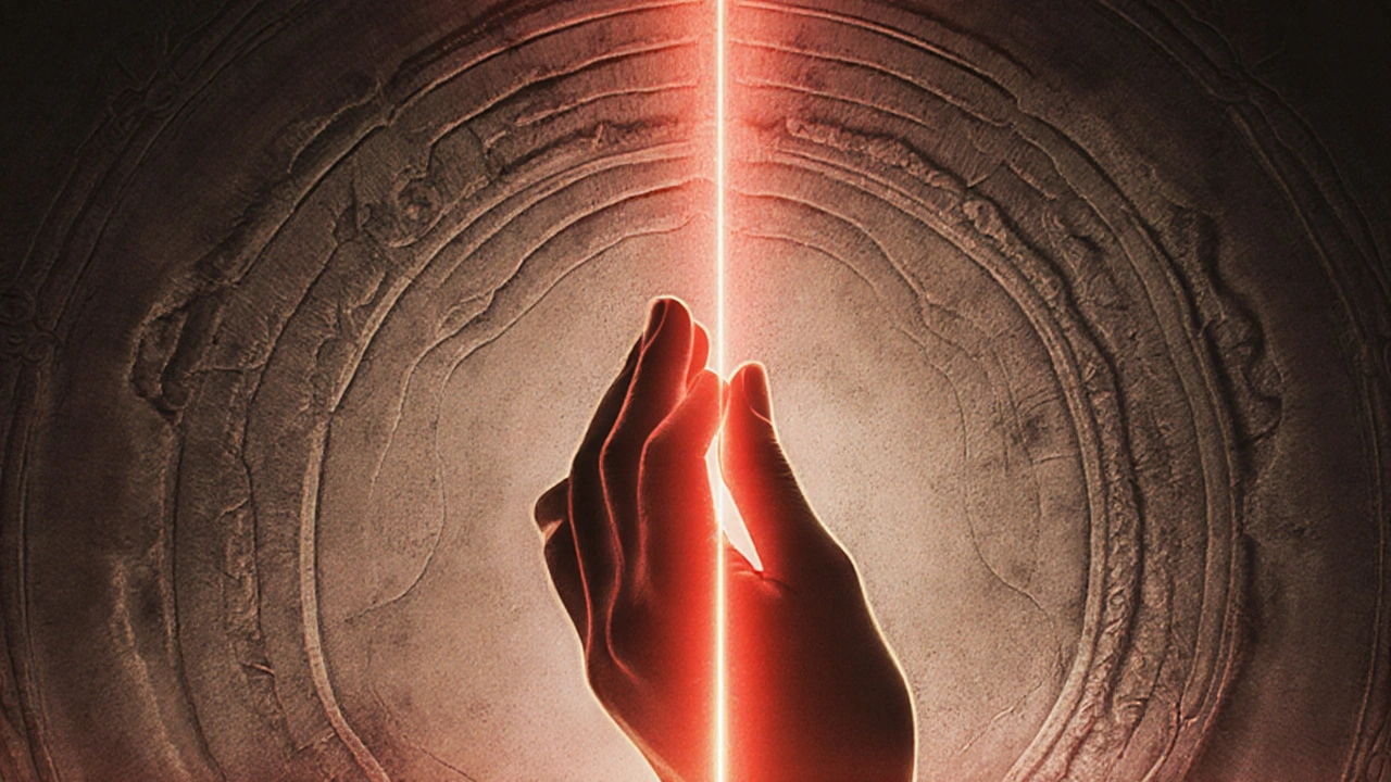 Ruka zakrývá nosní dírku, z hlavy k pánvi proudí světelná energie v kruhu, symbolizující střídavé dýchání.