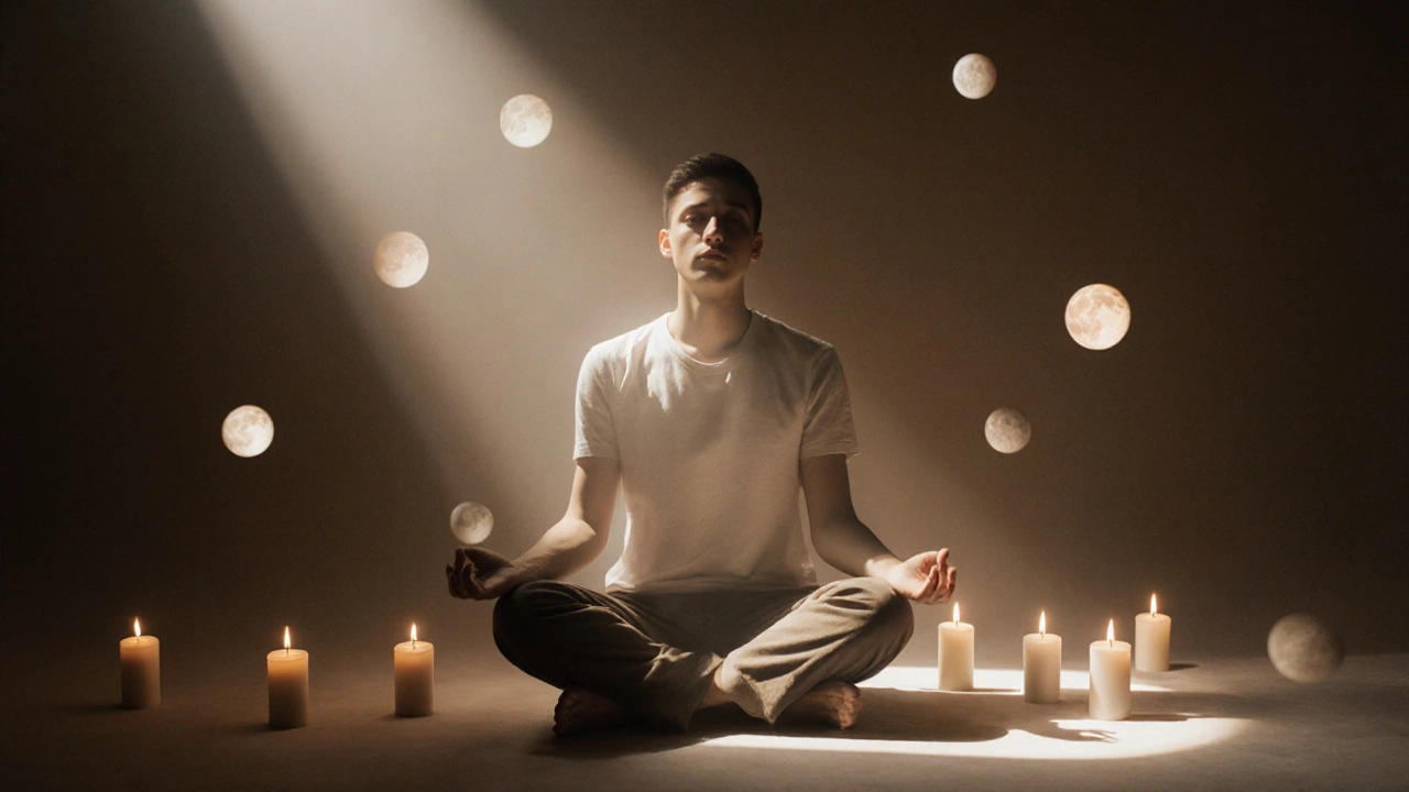 Samotná osoba dýchá v klidu, kolem ní plavou světelné koule jako znak energie.