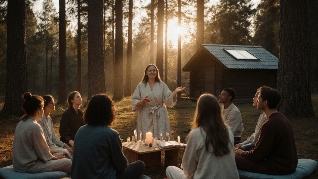 Skupinový retreat v lesní čistině při východu slunce, terapeut vede účastníky.