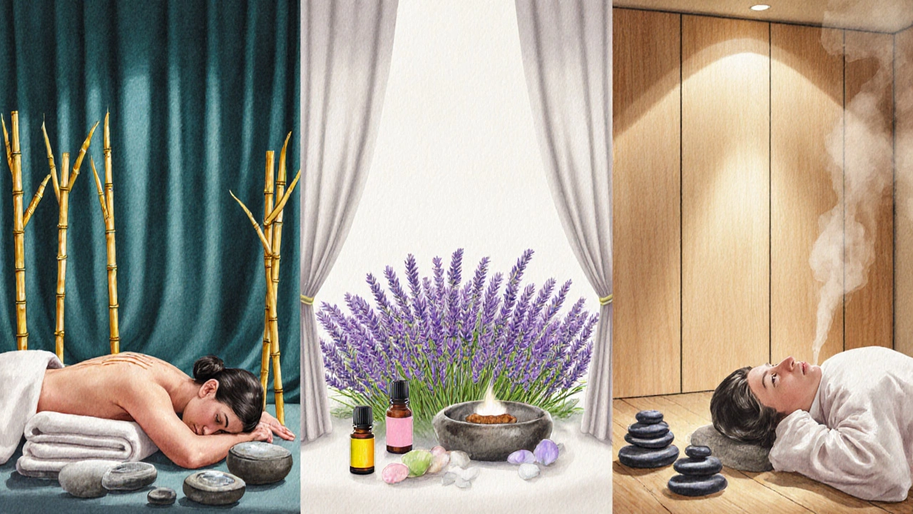 Symbolické zobrazení tří typů párových masáží: thajské, aromaterapeutické a švédské