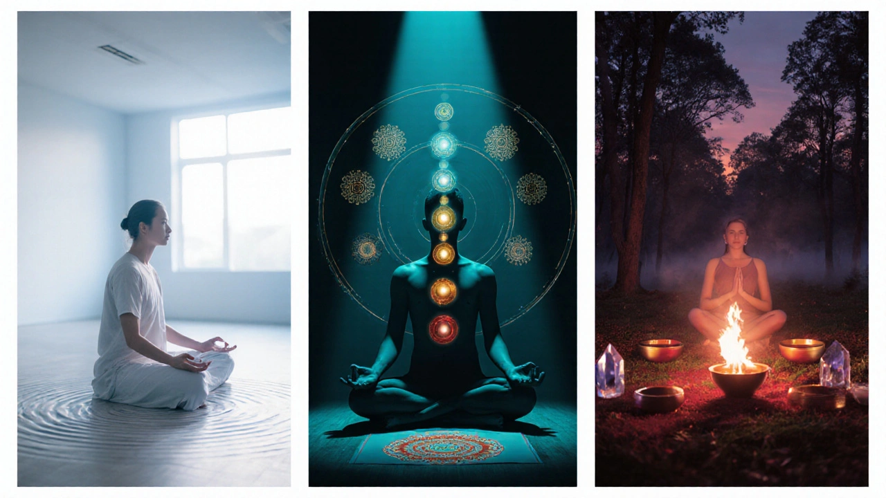 Triptych ukazující tři fáze tantrické praxe: dech, práci s čakrami a rituál v lesní krajině.