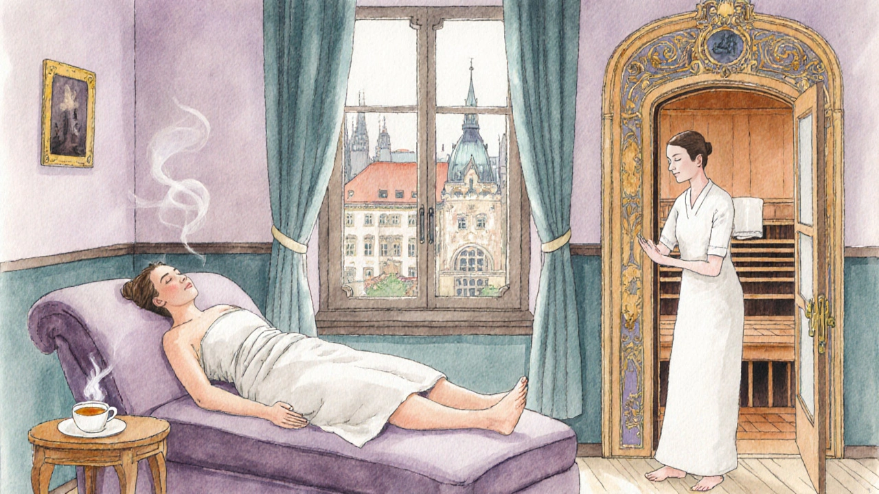 Vodačná ilustrace luxusního pražského spa po masáži kameny, s čajem a protažením.