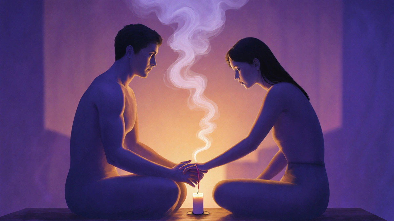 Dva lidé se dotýkají rukou a očima v tiché, svíčkami osvětlené místnosti během tantrické masáže.