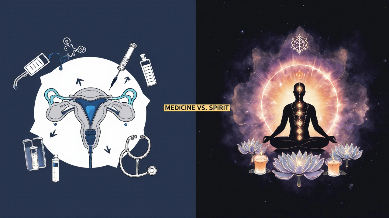 Dvě části konceptuálního obrázku: medicínská diagnostika na levé straně a duchovní energie na pravé.