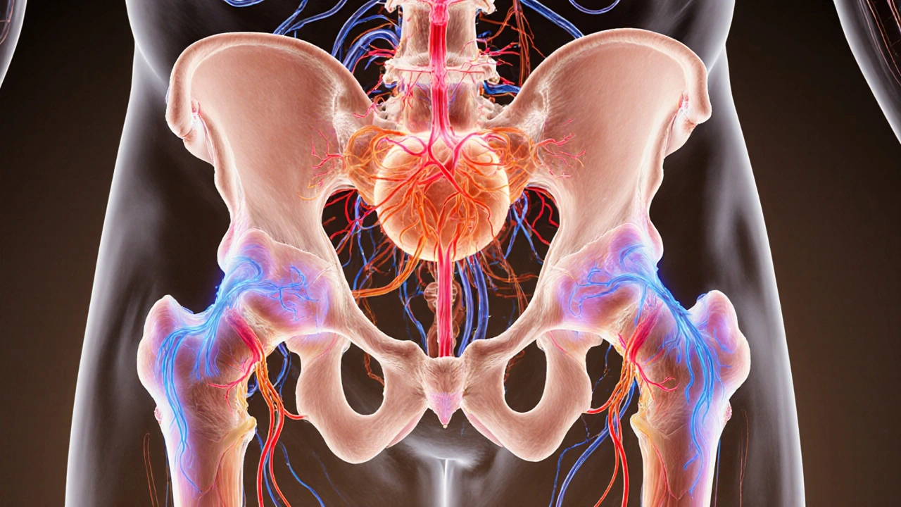 Křížový řez pánve s viditelným zlepšením krevního oběhu a nervové aktivity kolem varlat.