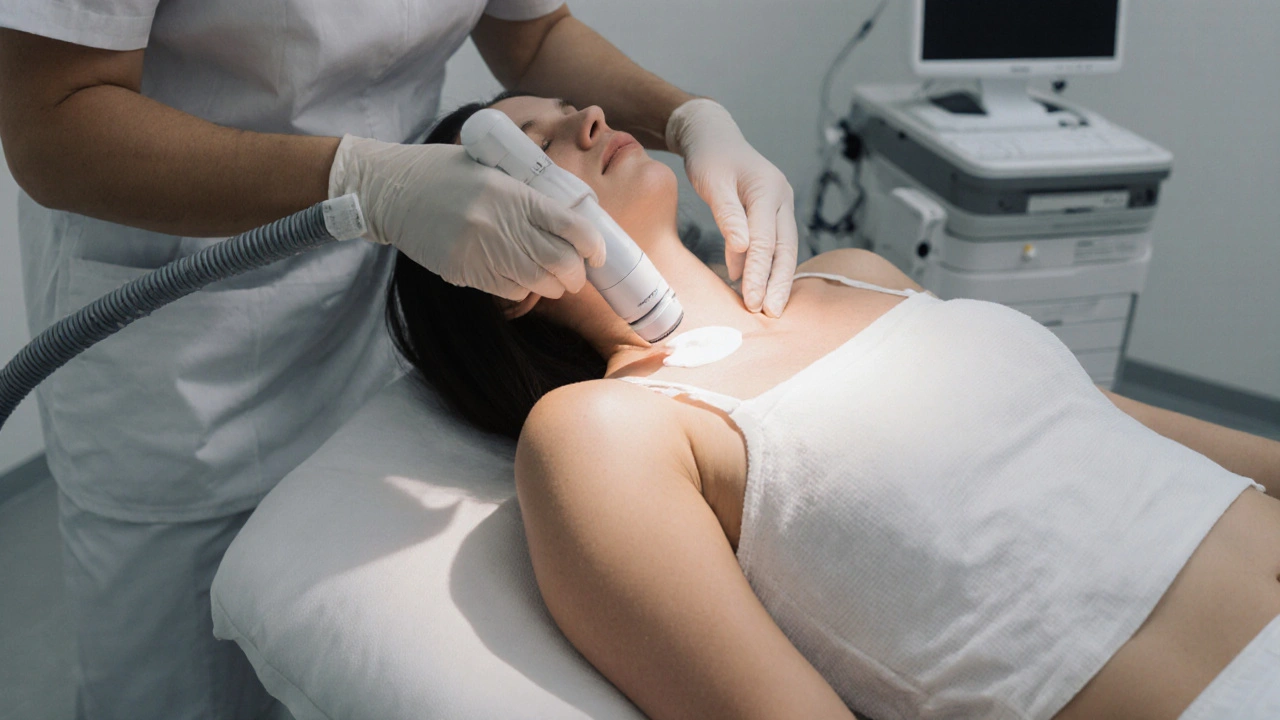 Lékař aplikuje laser na jizvu po porodu v klinice.