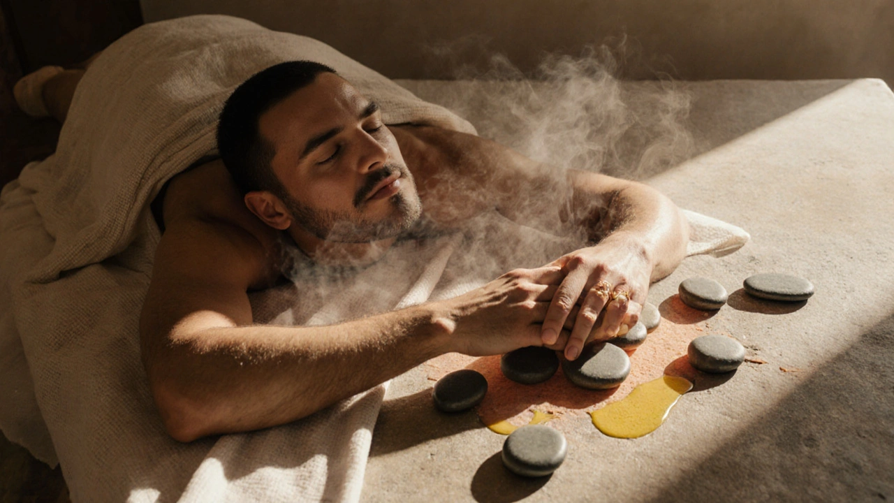 Muž leží na teplých kamenech, jemně masíruje oblast pánve, klidně se vrací k sobě.