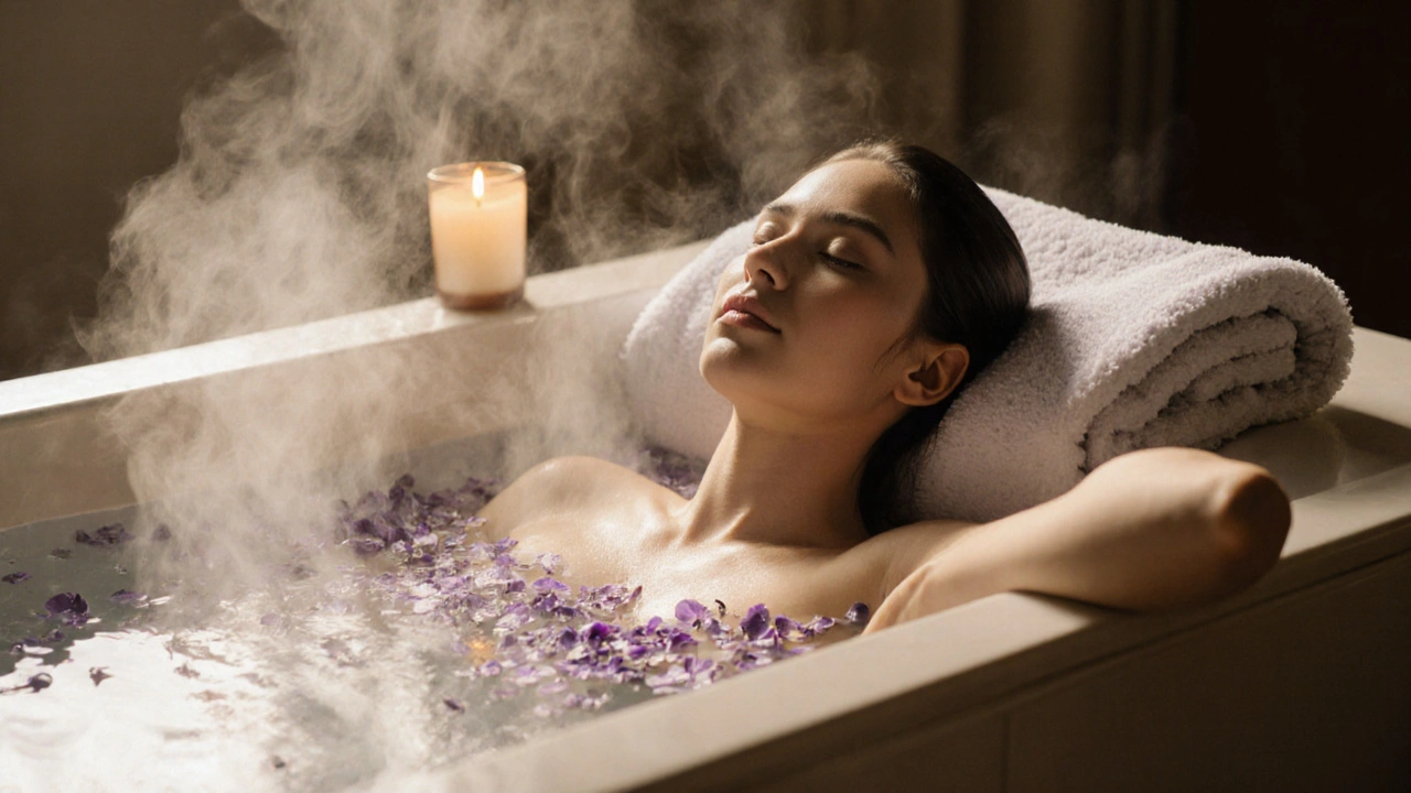 Osoba v teplé vaně s lilemi a párou, klidně se uvolňuje v tichu.