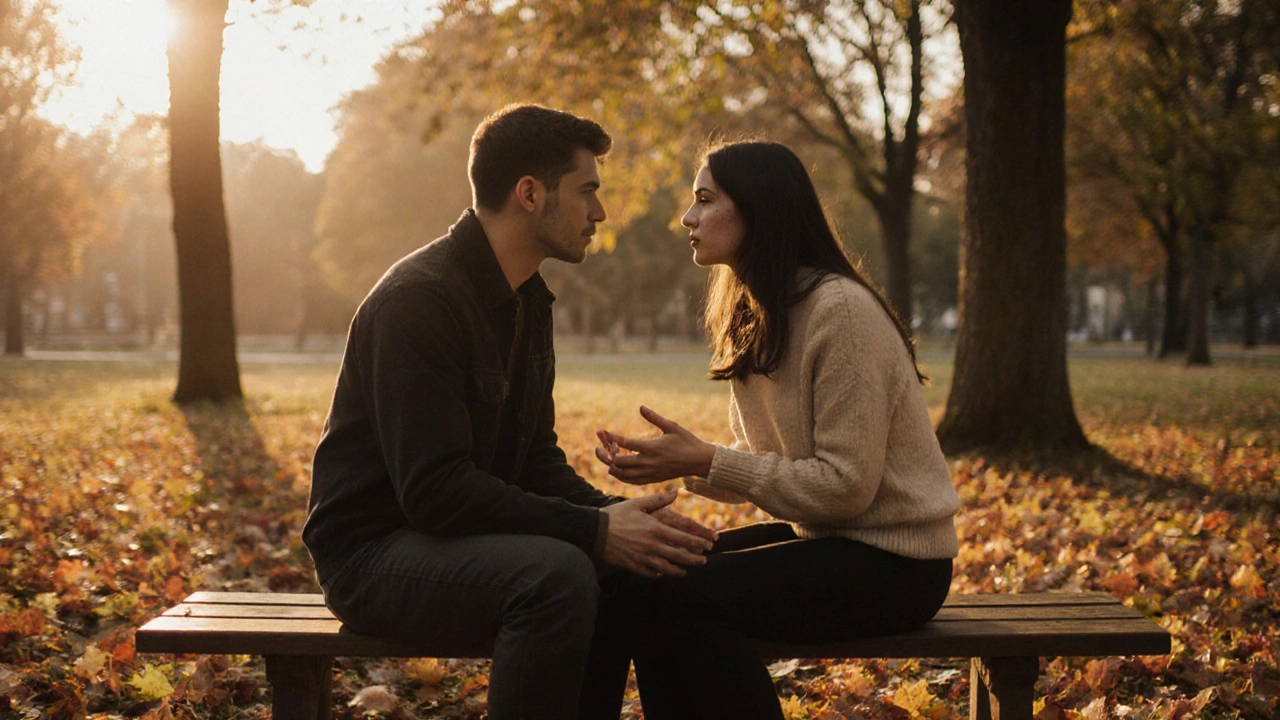 Pár sedí proti sobě v parku, hledí si do očí, komunikují bez doteku, jen slovy a výrazem tváře.