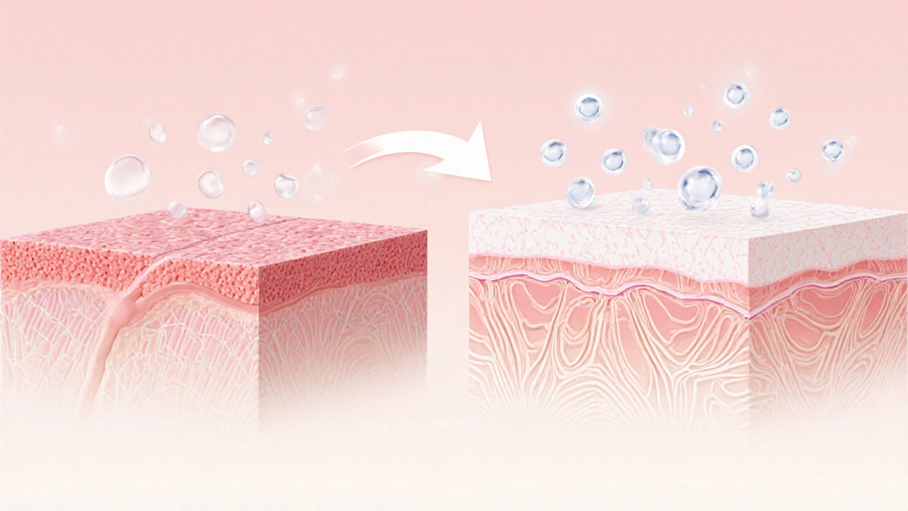 Přehled struktury jizvy před a po léčbě kyselinou hyaluronovou.