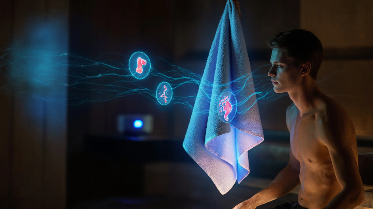 Průhledná horká žínka vyzařuje teplo do těla, symbolizující hluboké uvolnění.