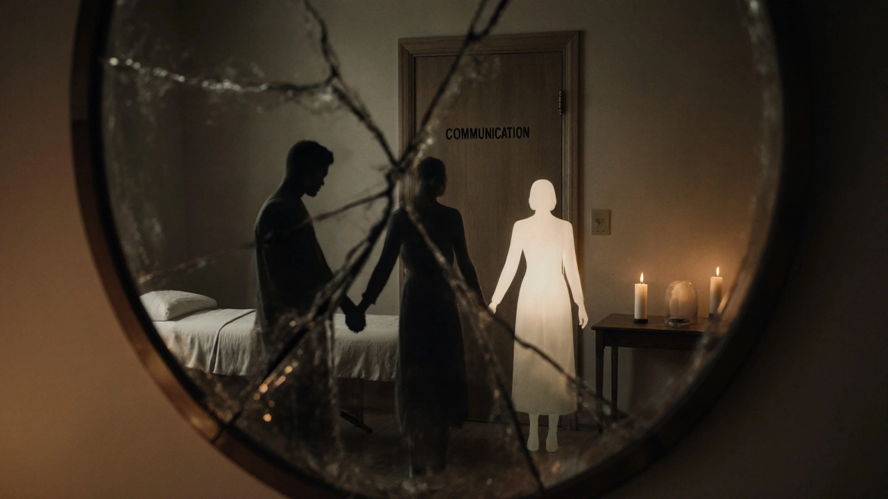 Rozštěpené zrcadlo zobrazuje jednoho partnera jako stín a druhého jako světlo, symbolizující žárlivost a klid ve vztahu.