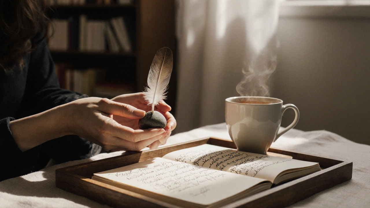 Ruce drží kámen a pírko na dřevěném podnosu s čajem a poznámkami v deníku.
