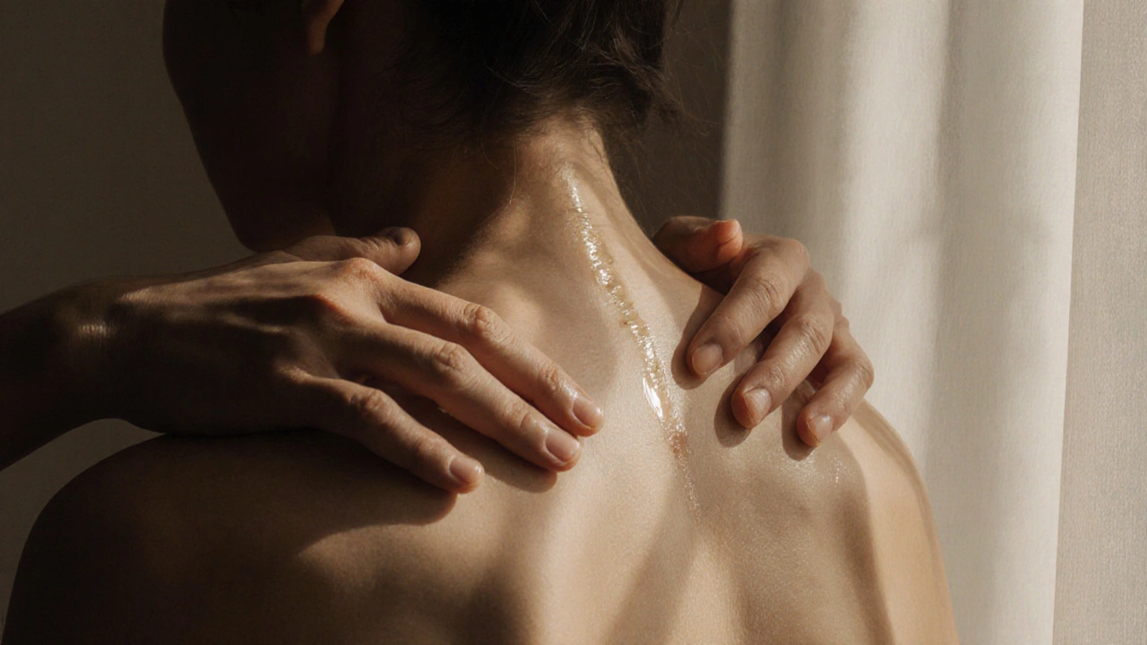 Ruce jemně sledují křivku zády v měsíčním světle, bez viditelného obličeje.