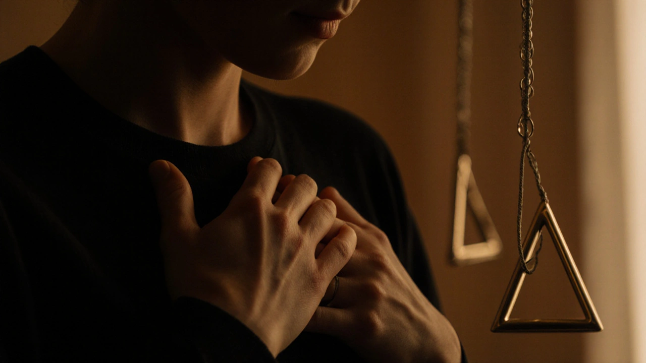 Ruce na hrudi, citlivě cítící tep, za nimi visí ještě třesoucí se triangle.