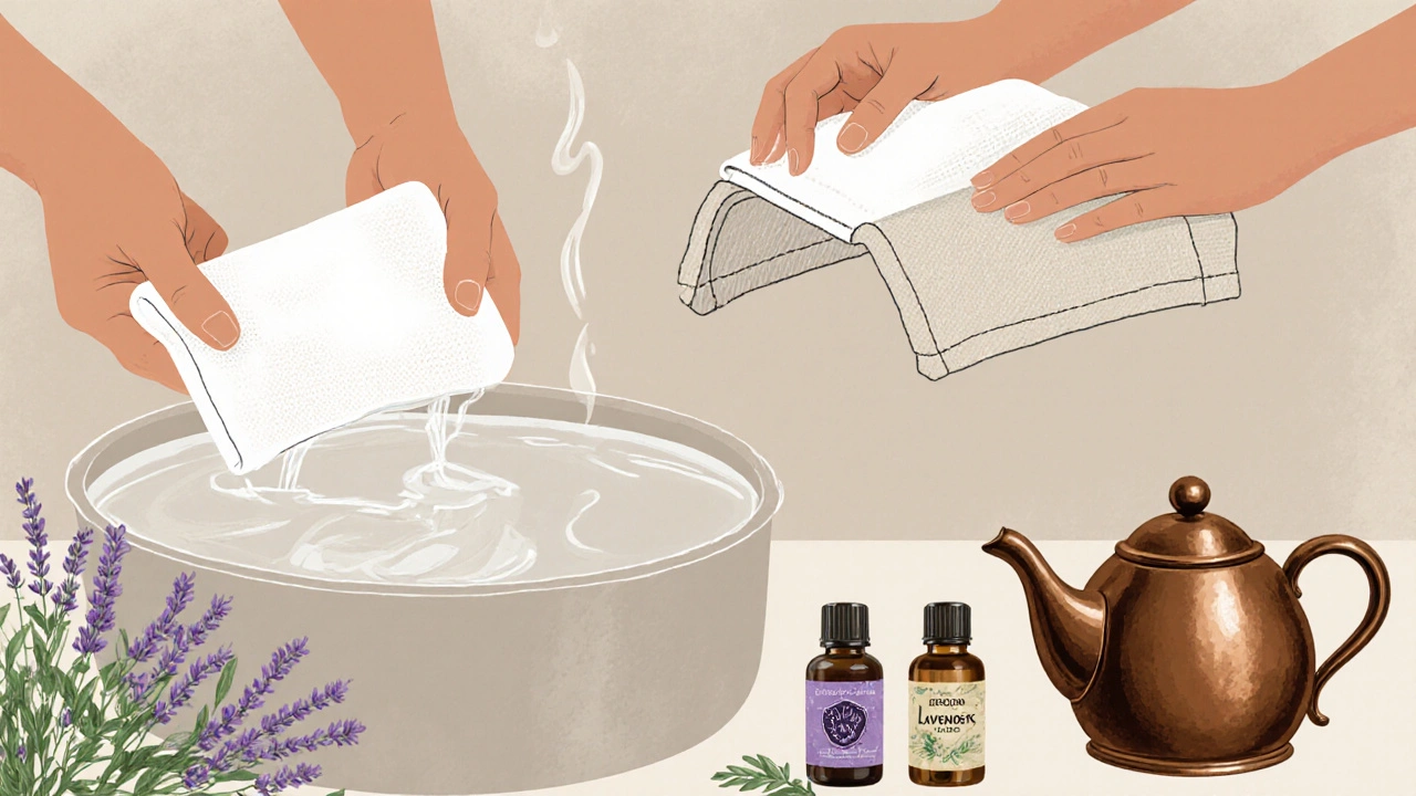 Ruce připravují horkou žínku ve vodě s bylinnými oleji a ručníkem.