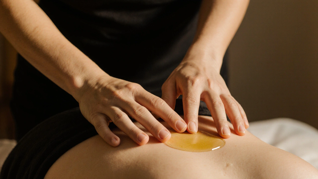 Ruce terapeuta provádějí pomalé, kruhové pohyby na břiše pomocí oleje, bez nástrojů.