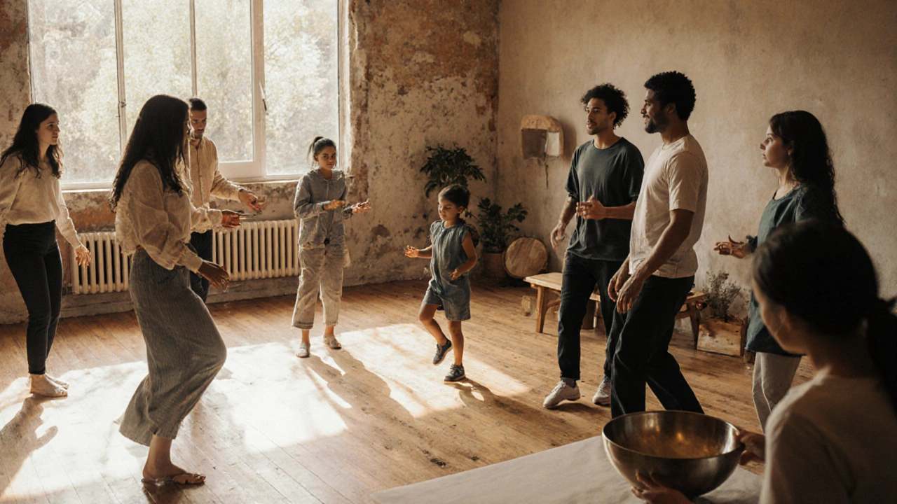 Skupina lidí různých věků se pohybuje v kruhu, každý jinak, v klidném, slunečném prostoru.