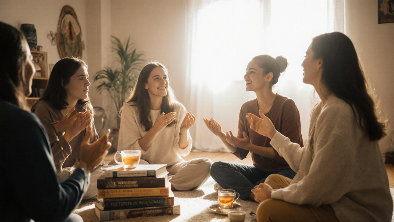 Skupina lidí se setkává v kruhu, sdílí tichou, autentickou komunikaci.