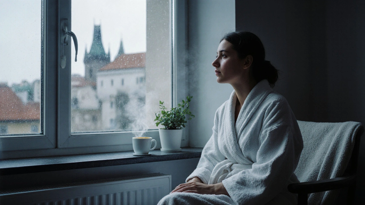 Žena sedí u okna po sezení, obalená v plášti, s čajem a klidným výrazem tváře.