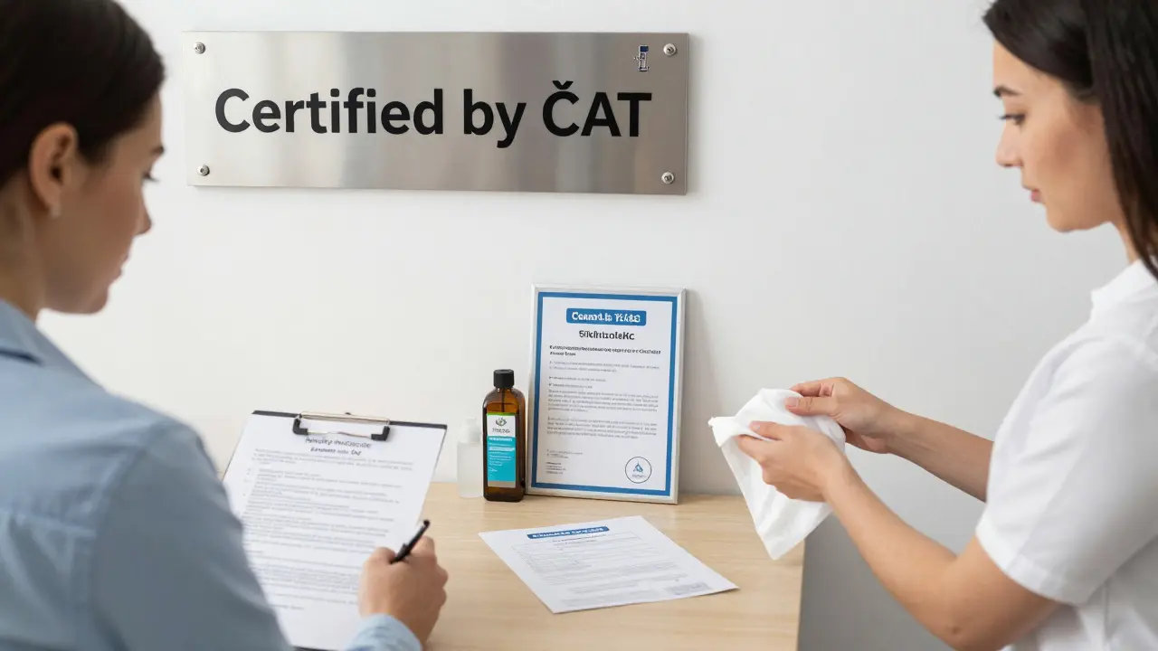 Klient podpisuje souhlas a terapeut připravuje hygienické pomůcky – důraz na certifikaci, bezpečnost a profesionální standardy.