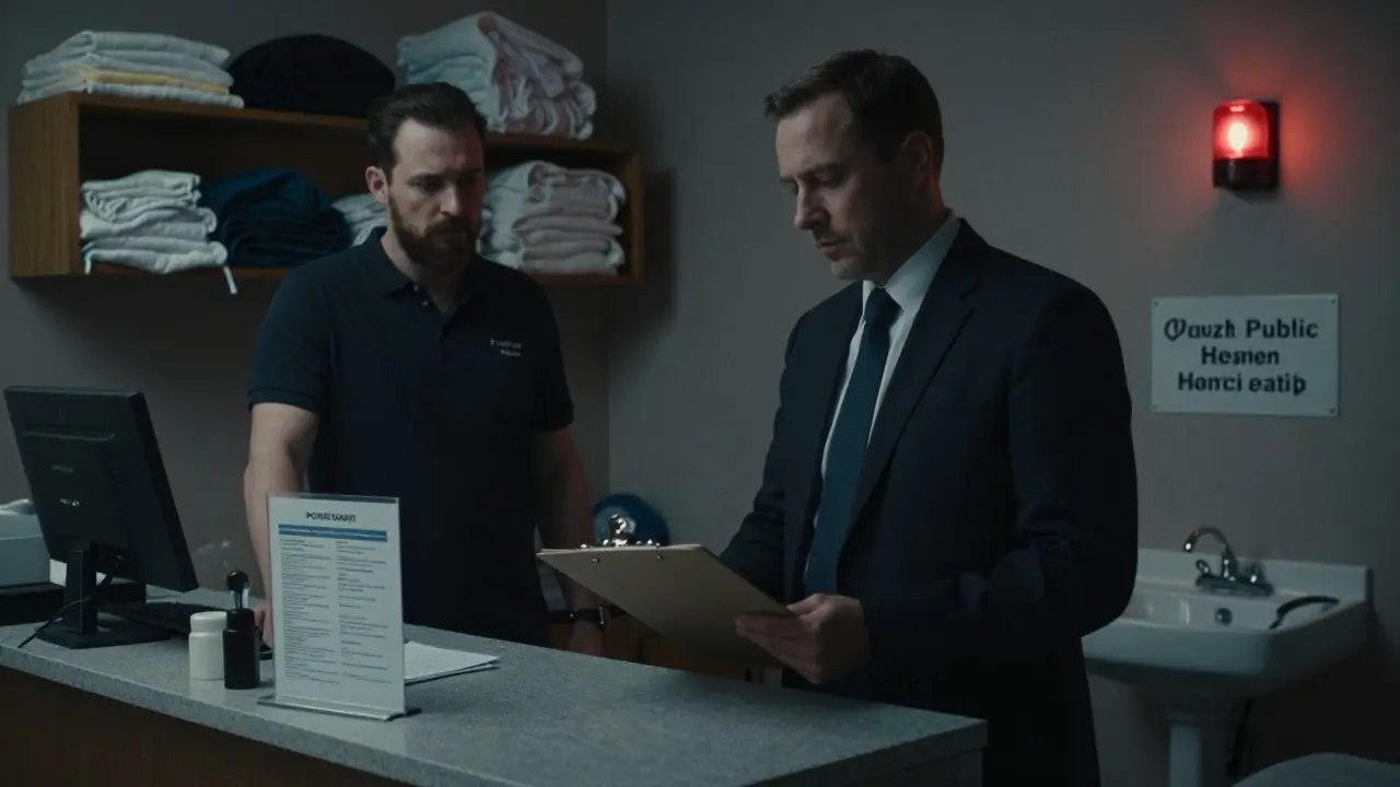 Kontrolor hygieny vstupuje do salonu, kde chybí teplá voda a správný provozní řád.