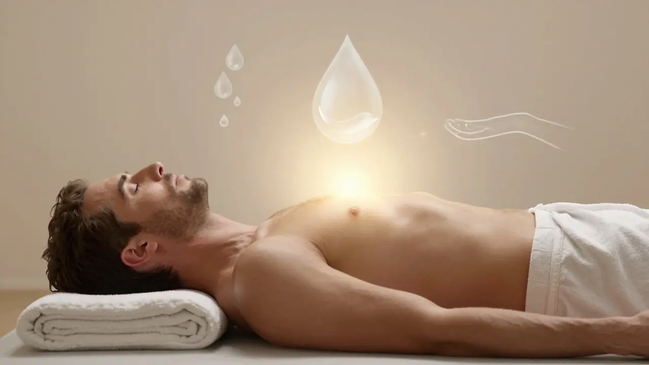 Muž v klidné pozici s jemným zářivým světlem v oblasti pánve, symbolizujícím uvolnění.