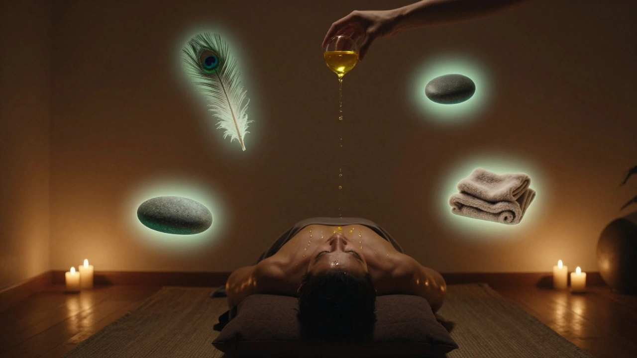 Osoba dýchá hluboce, z jejího hlavy pomalu stéká teplý olej, kolem ní plavou dotykové nástroje.