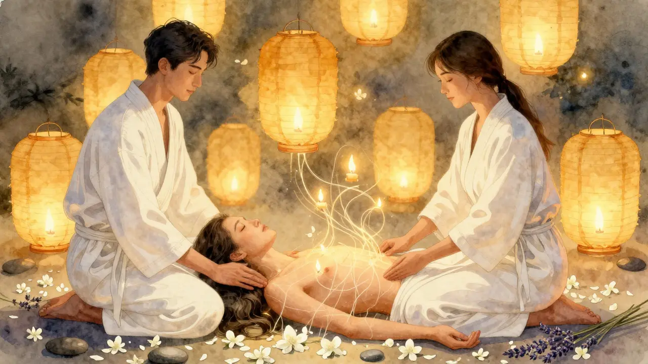 Pár v bílých županech je obklopen světlem a květinami, symbolizující tiché propojení a uvolnění.