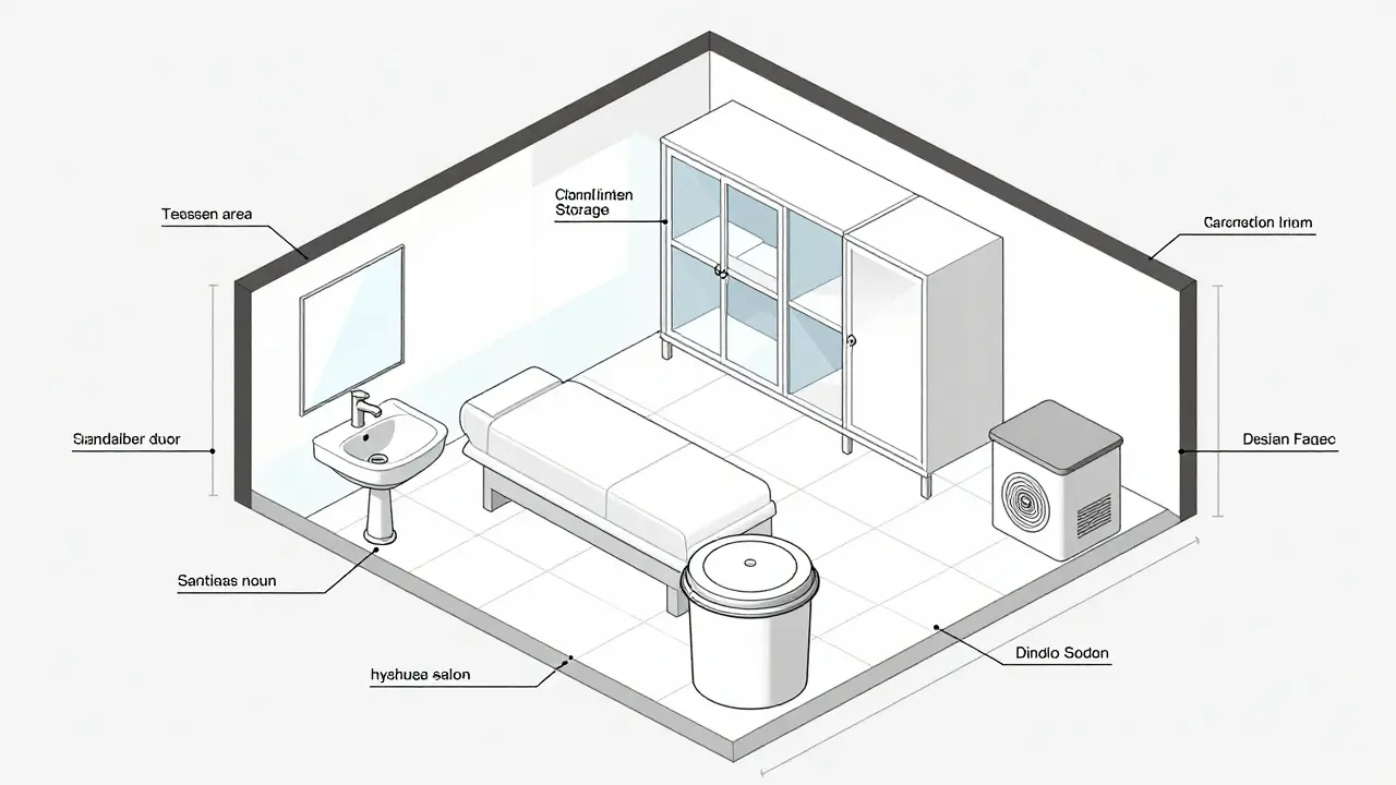 Plán masážního salonu s vyznačenými zónami pro čisté a špinavé prostředky, bez textu.