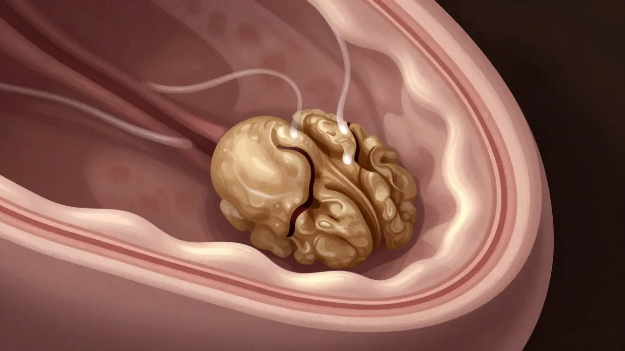 Vnitřní znázornění prostaty s uvolňujícími vlnami tekutiny a krevního oběhu.