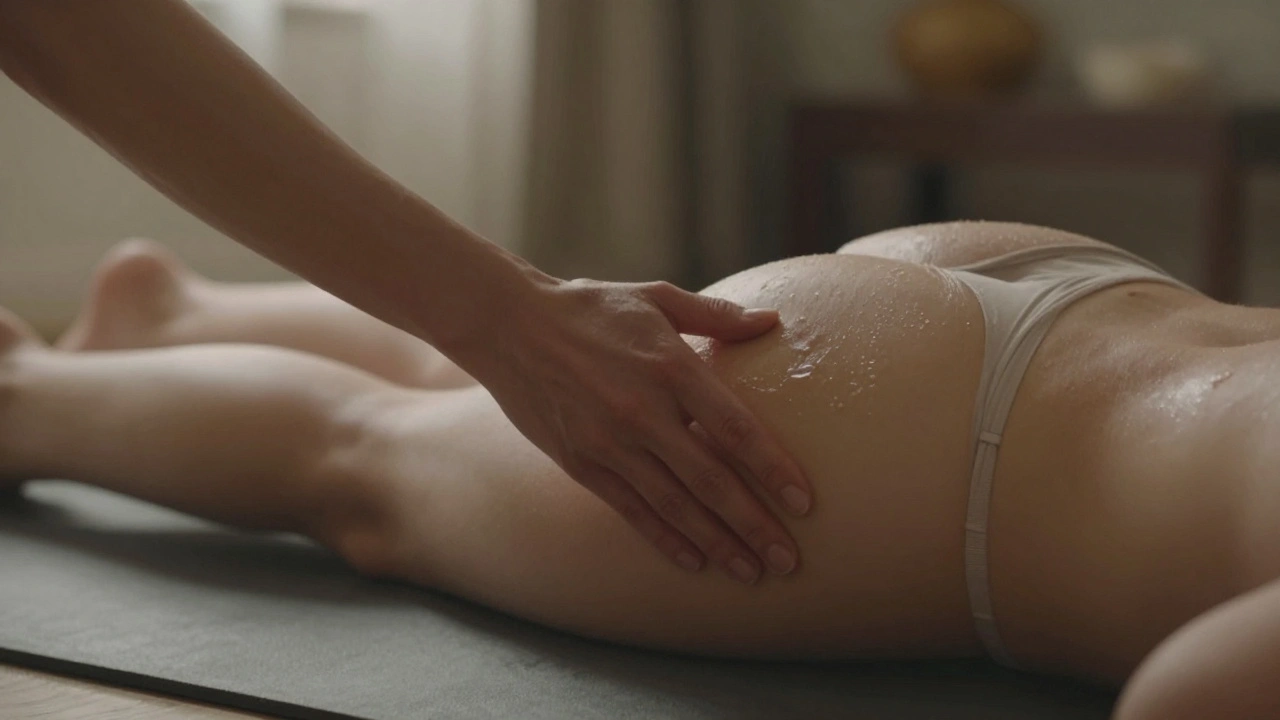 Žena jemně hladí vnitřní stranu stehna partnera, kůže leskne olejem.