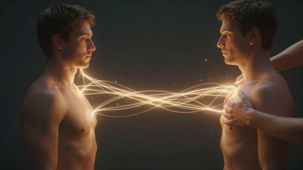 Zlatá světelná nit spojuje hrudníky dvou lidí, symbolizující synchronizaci dechu a energetické spojení.