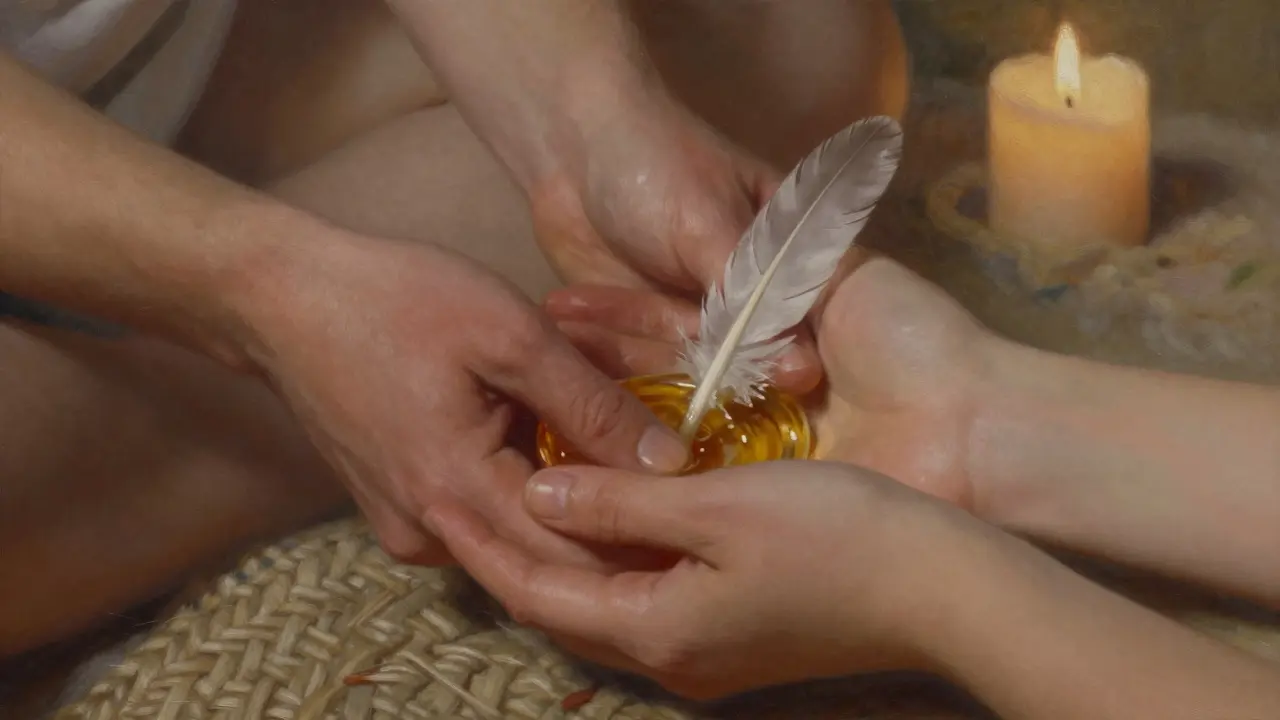 Dvě ruce jemně dotýkají varlat s teplým olejem, zdůrazňujíce něžnost a přítomnost bez erotiky.