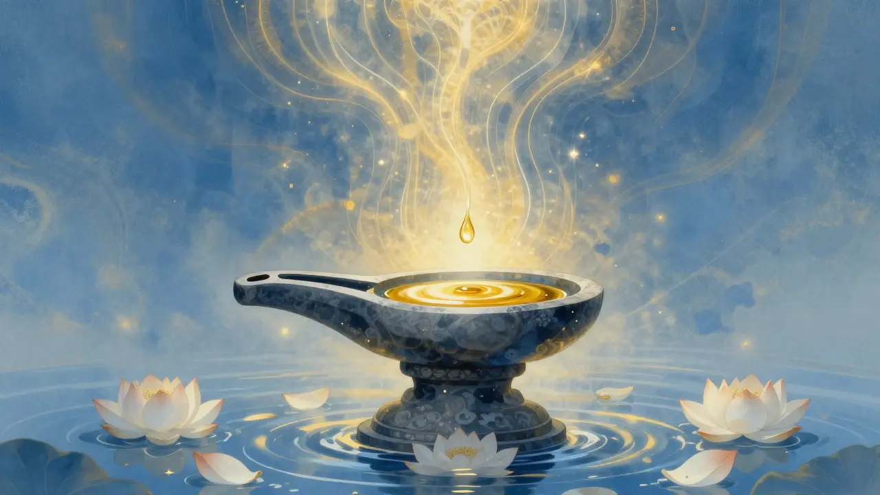 Kapka oleje padá na kámen, obklopená vodními motivy a jemnými energetickými čarami, symbolizující proud životní energie.