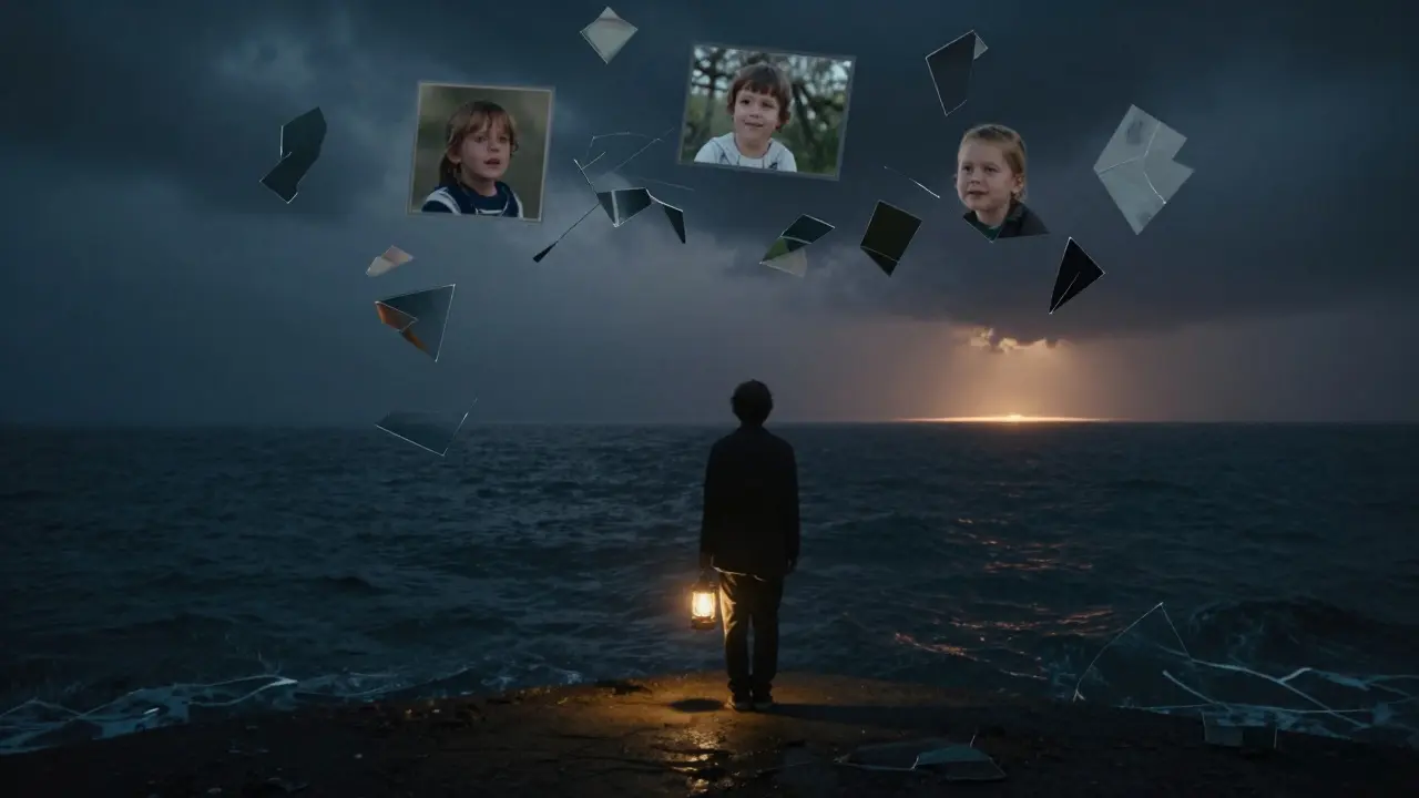 Osoba stojí u bouřlivého moře s laternou, za ní se v mžíku tříští vzpomínky, vpředu slabé světlo.