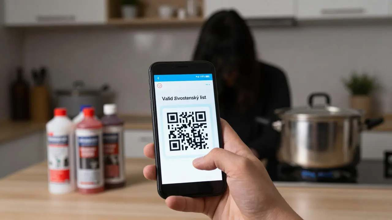 Skener QR kódu zobrazuje platný živnostenský list, zatímco nelegální praxe zůstává ve stínu.