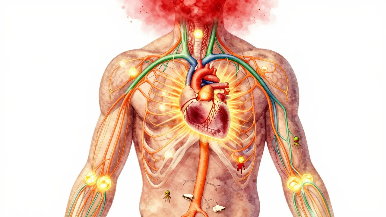Anatomický výkres ukazující stimulaci lymfatických uzlů a uvolnění oxytocinu během tantrické masáže.