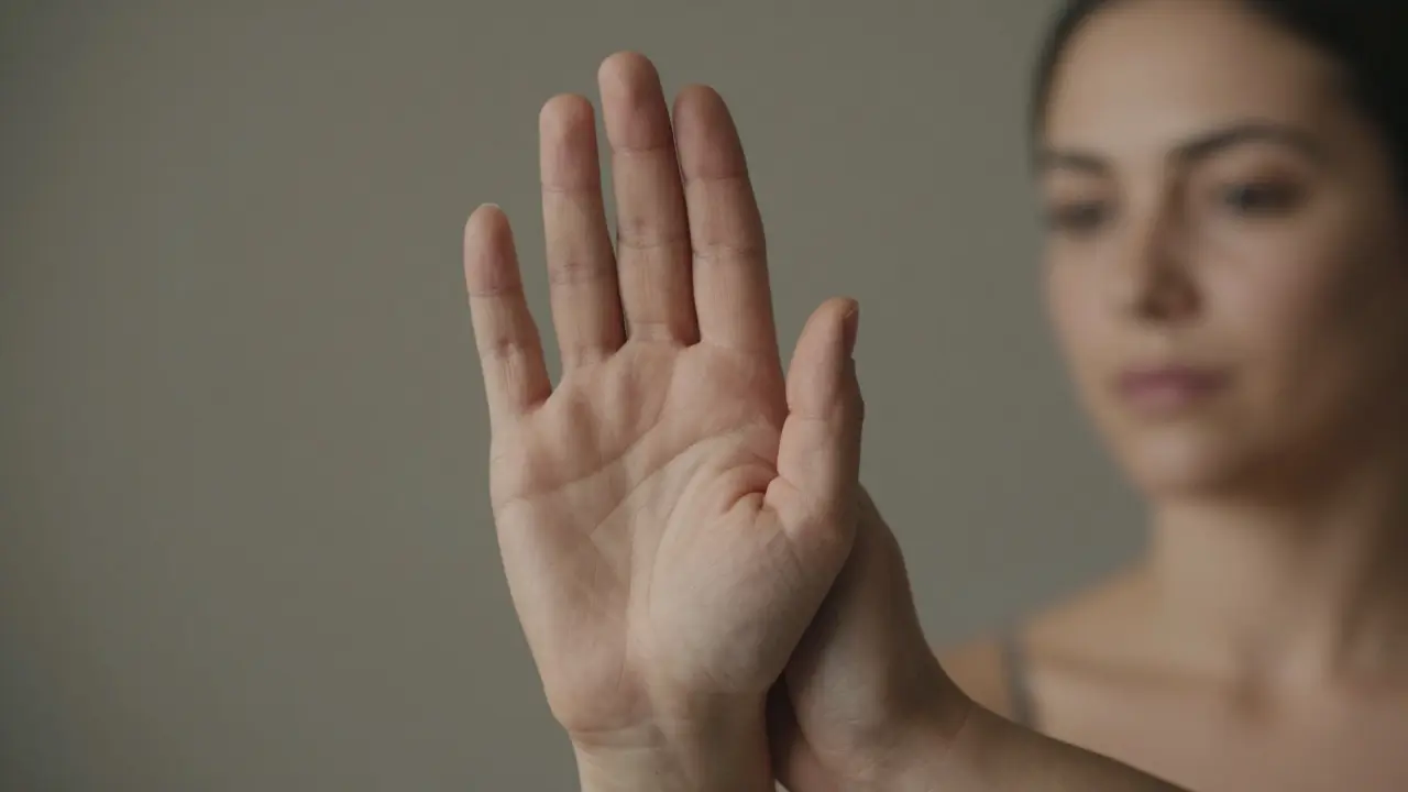 Klient zvedá levou ruku jako bezpečnostní signál, terapeut zastaví masáž