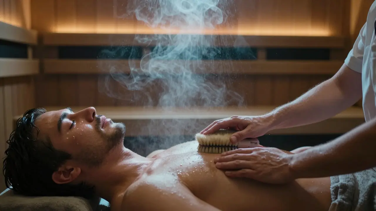 Man in deep relaxation after tantric massage, being touched by a fur brush as cold mist surrounds him.
