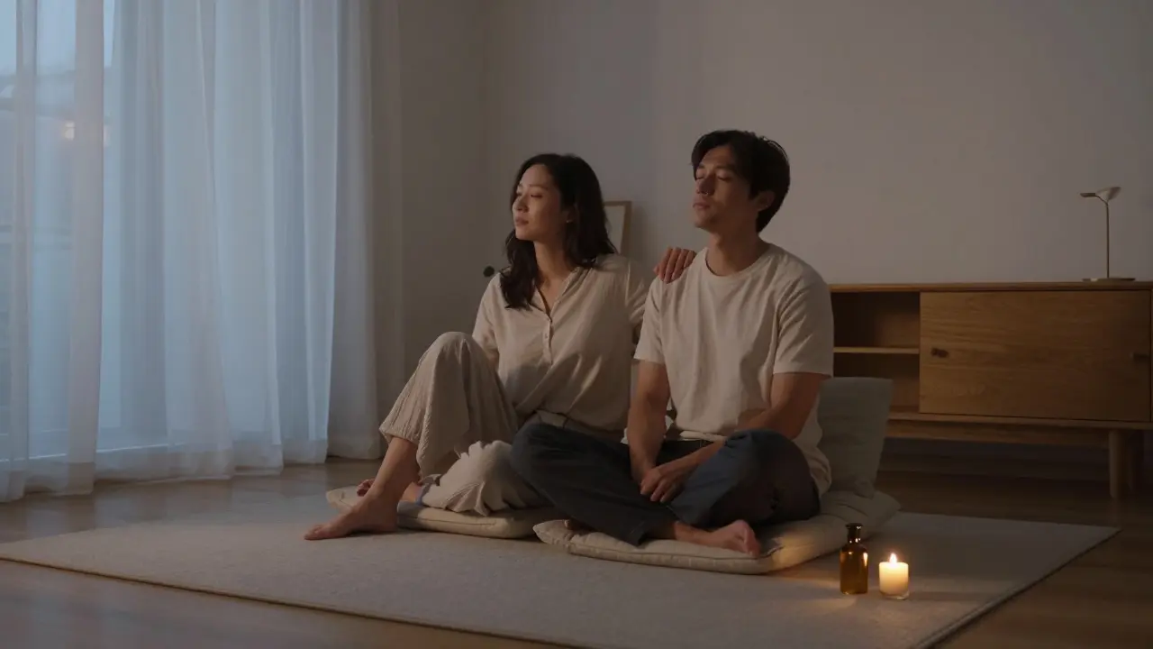 Pár sedí spolu na podlaze v klidné místnosti, jen lehký dotek a klidná atmosféra.