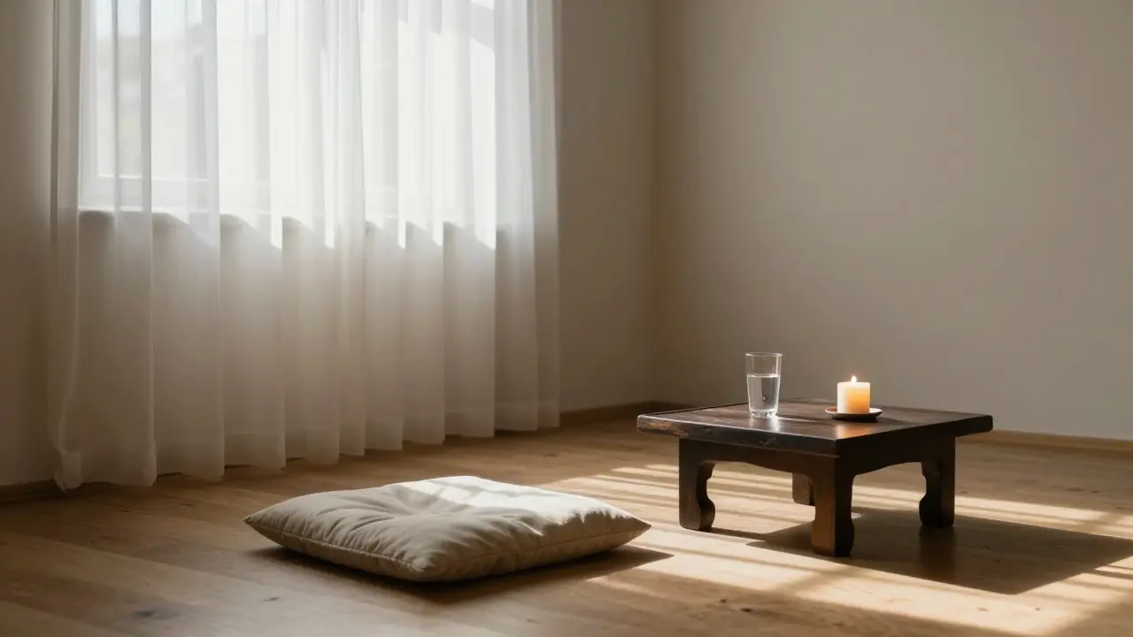 Prazdná meditační místnost v Praze s jedinou polštářem a svíčkou, naplněná klidem.