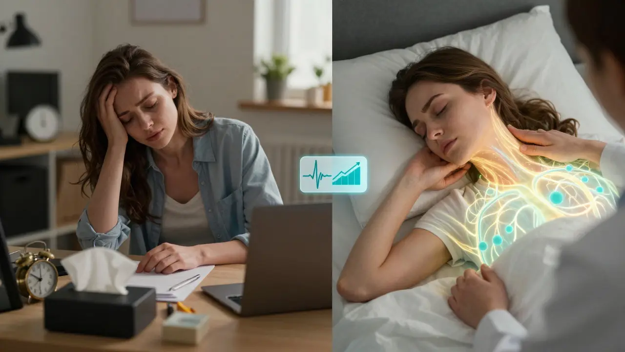 Před a po: stresovaná žena naproti klidné, zdravější ženě po pravidelné tantrické masáži.