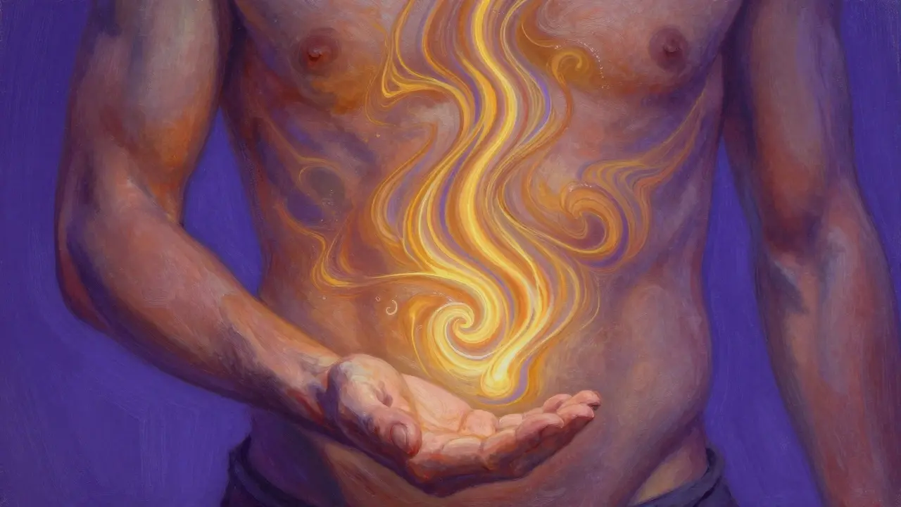 Ruka se vznáší nad perineem, zlaté a modré vlny energie stoupají po páteři.