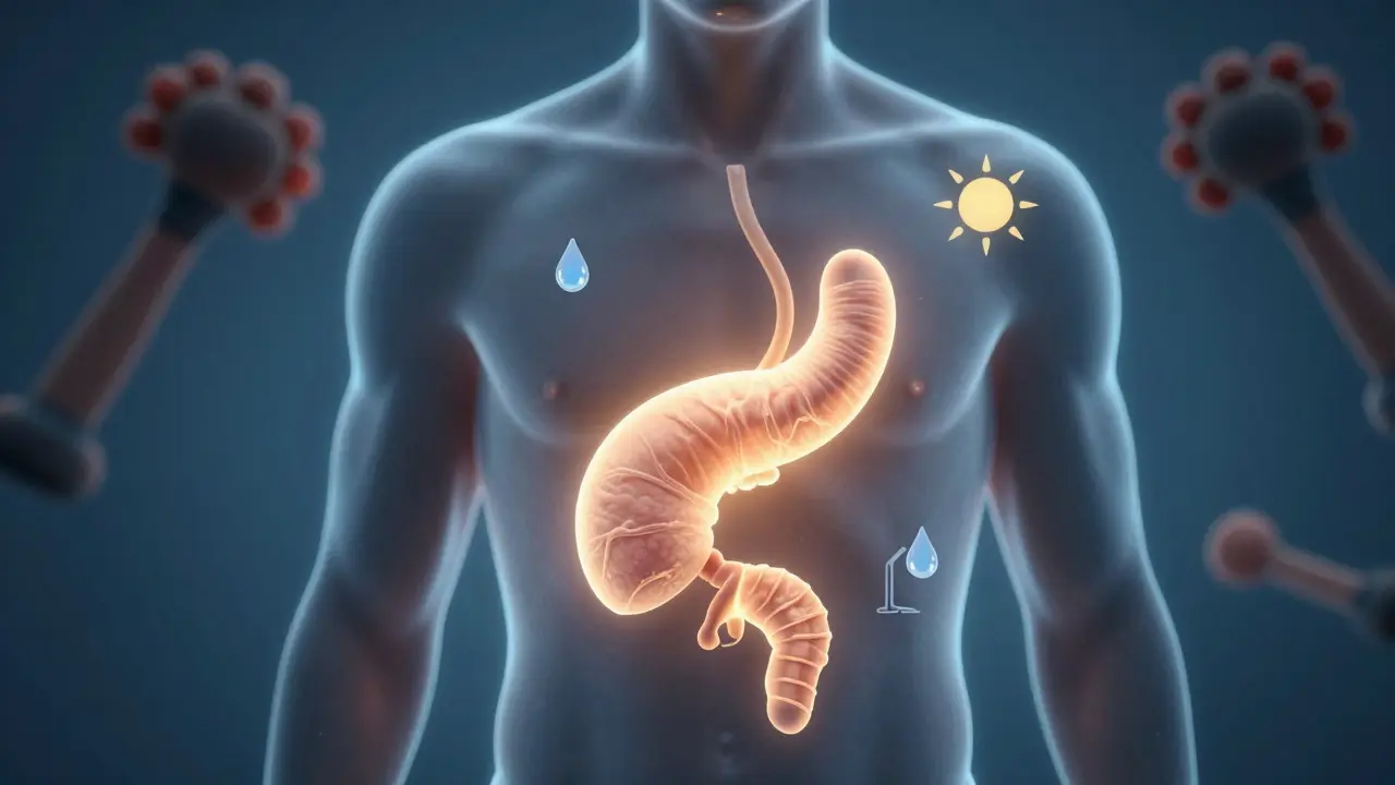 Symbolický obraz zdravé prostaty podporované pohybem, vodou a světlem.