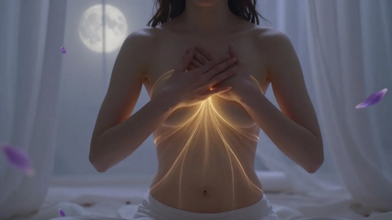 Woman in meditation with golden energy lines connecting heart to pelvis, bathed in soft moonlight.