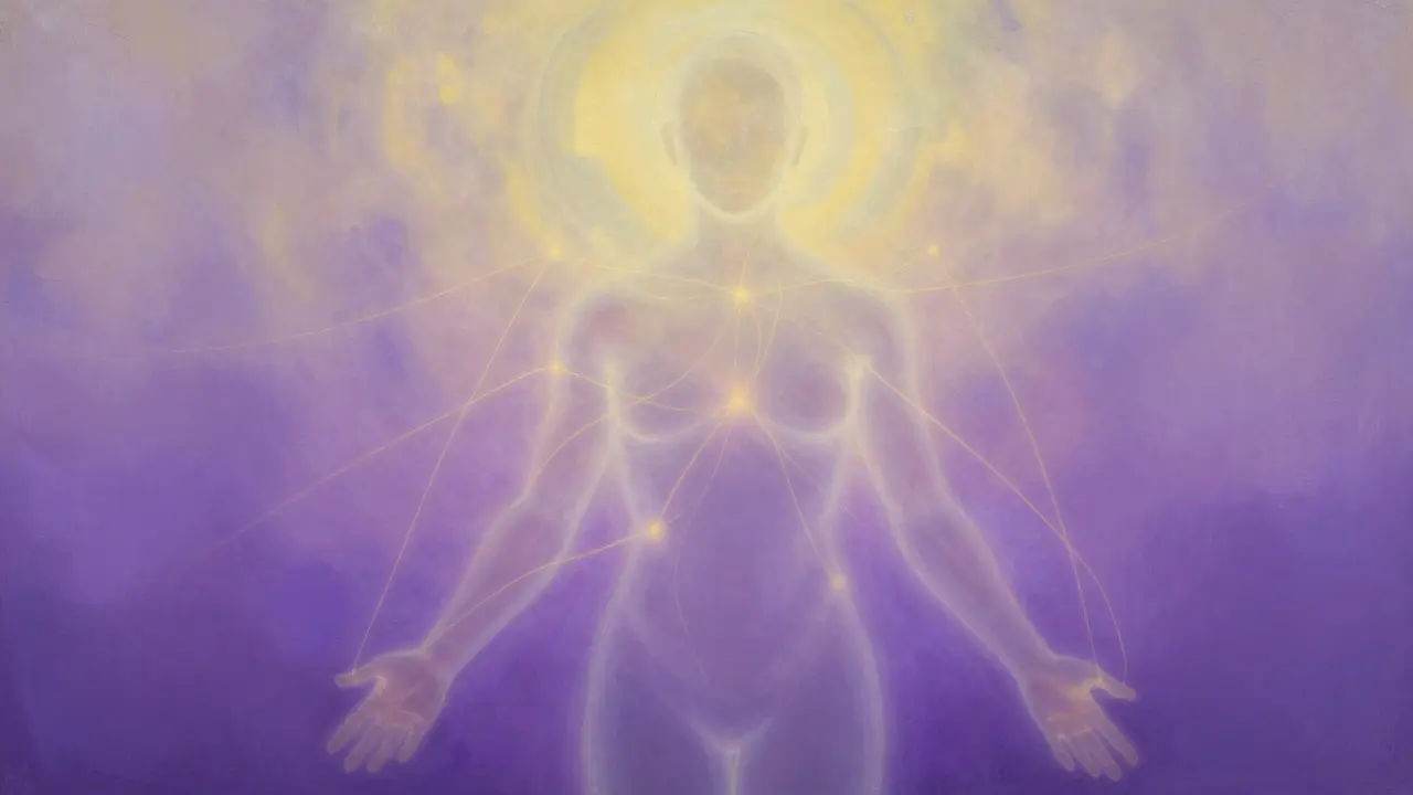 Abstraktní umění zobrazení energetického toku a meditace kolem lidské postavy.