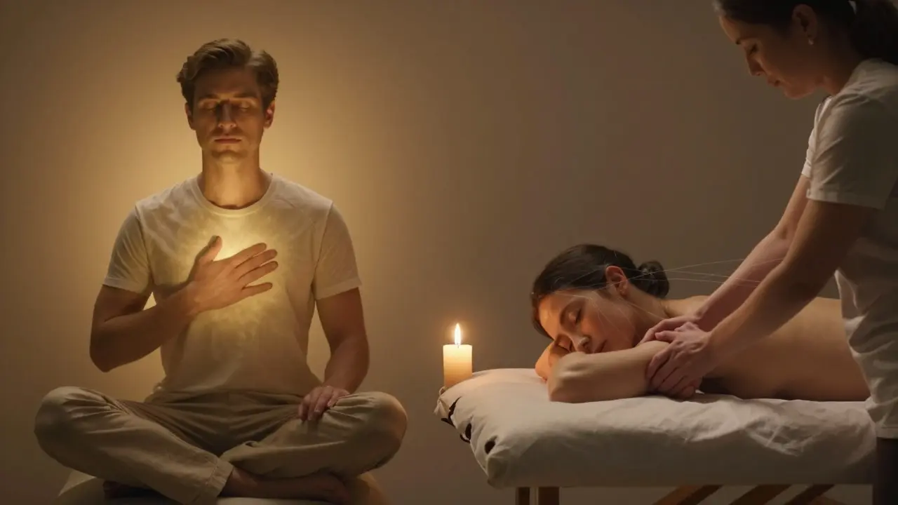 Dvě strany jednoho obrazu: jedna ukazuje vnitřní klid, druhá cílenou masáž nohou — symbolizují dva přístupy k tělu.