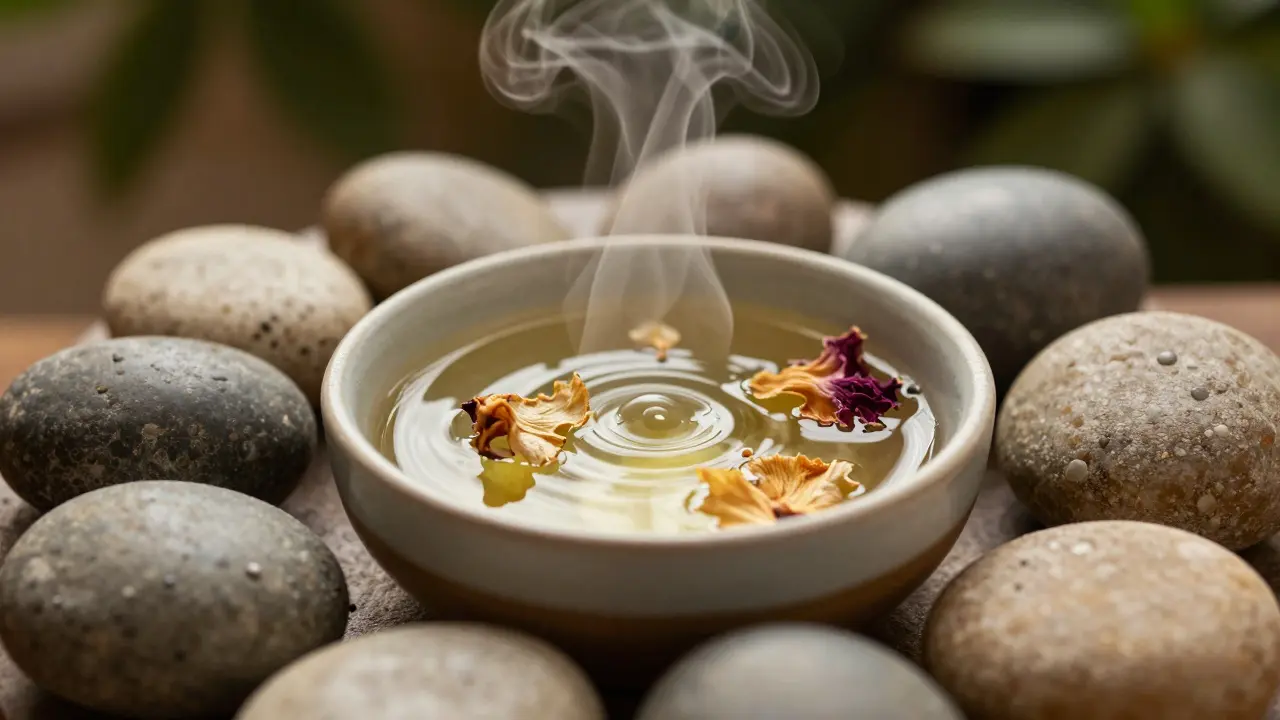 Horké kamene a miska s voňavým olejem pro relaxační proceduru wellness centra.